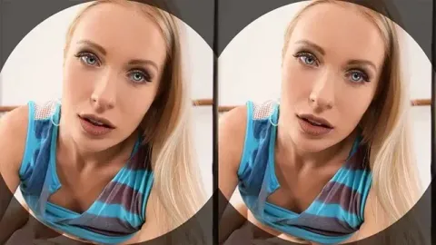 Curvy blonde instructor leads intense VR workout