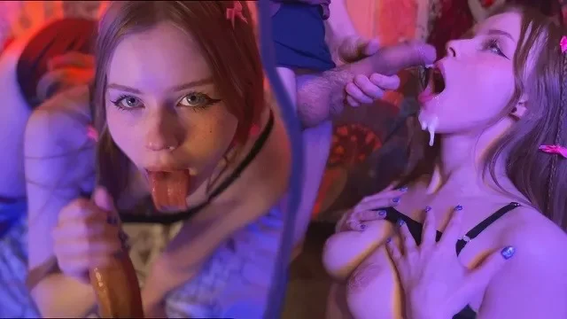 Big Cumshot on Tits and Face, Little Slut Loves to Suck